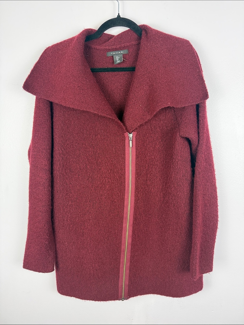 Tahari Asymmetric Zip Wool Blend Cardigan Coat Sweater Burgundy Red L - Picture 2 of 12